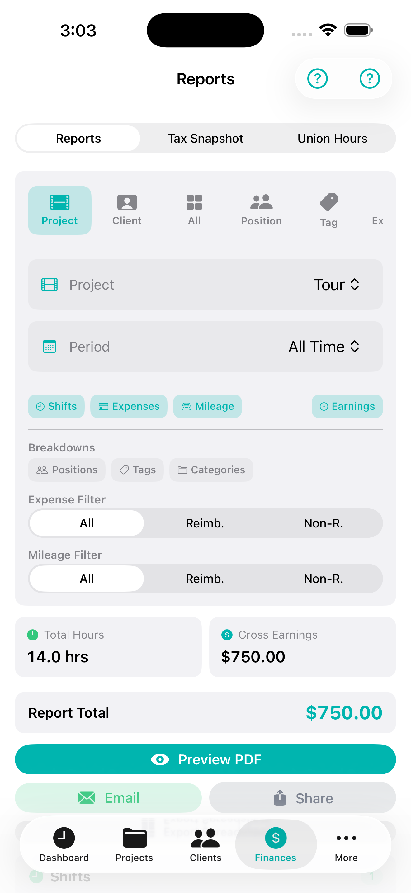 Reports — Professional PDF with shift details